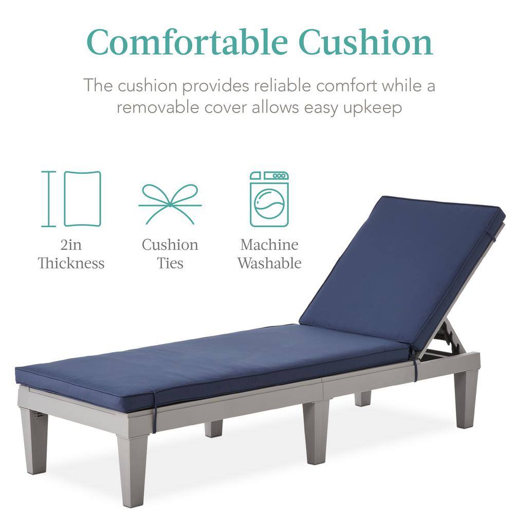Rustic Faux-Wood Outdoor Chaise Lounger with Plush Cushion - Gray/Navy