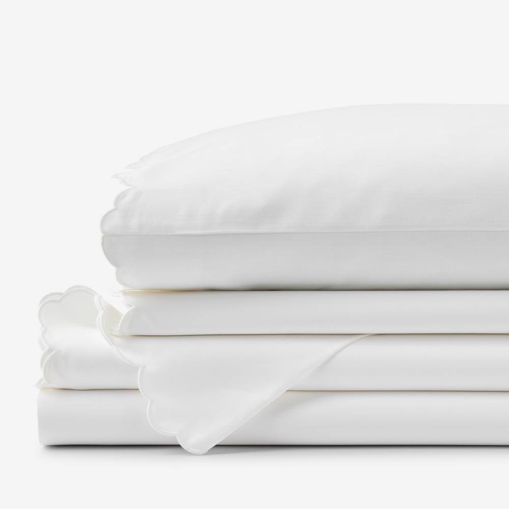 Company Cotton Embroidered Scallop White Sateen King Sheet Set