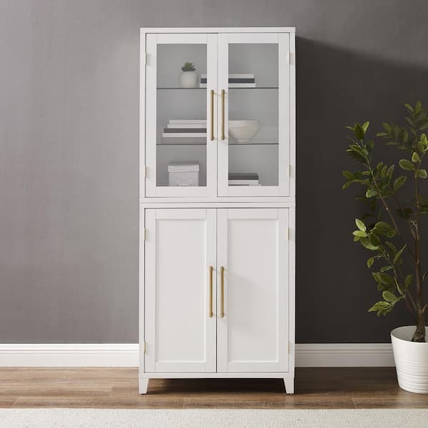 White tall cabinet with deals glass doors