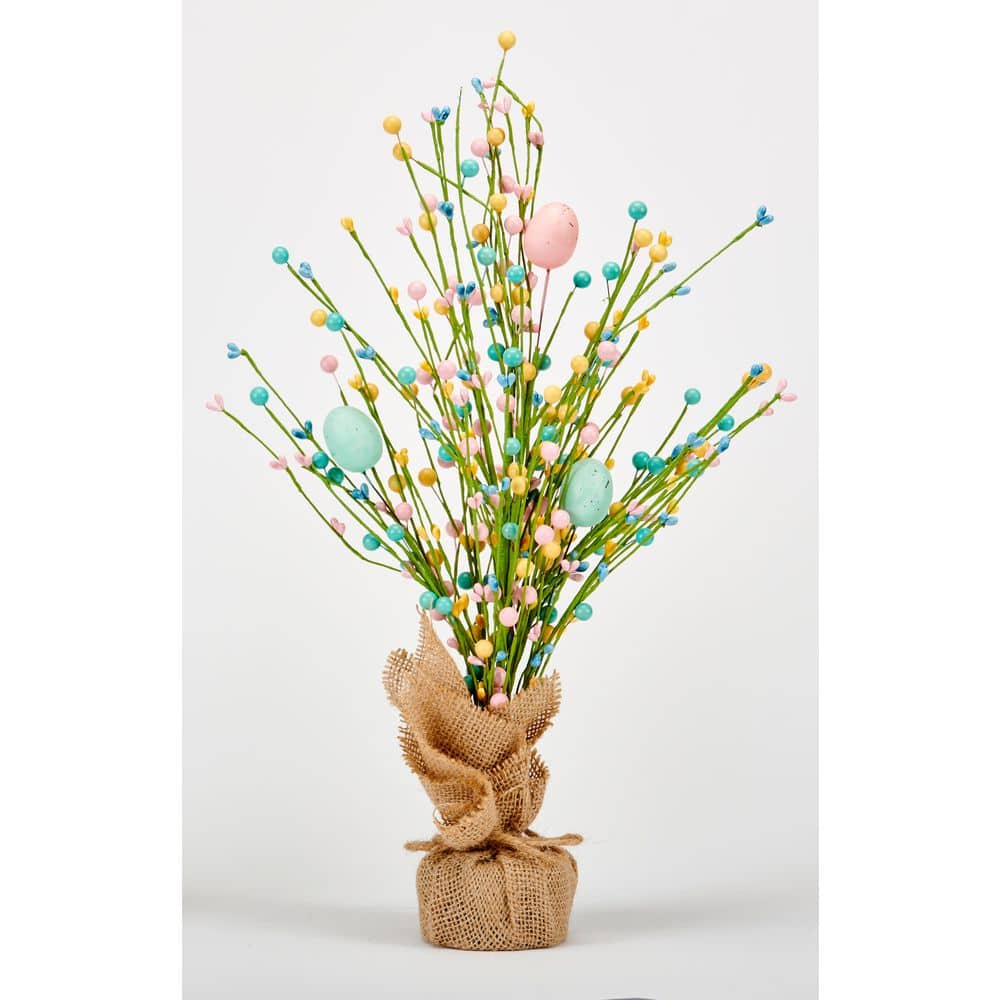 18 in Easter Tabletop Tree with Eggs and Berries in Burlap Sack Base