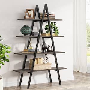Eulas 65 in. Gray Wood 4-Shelf Ladder Bookcase, A-Shaped Bookcase Leaning Plant Stand Storage Rack