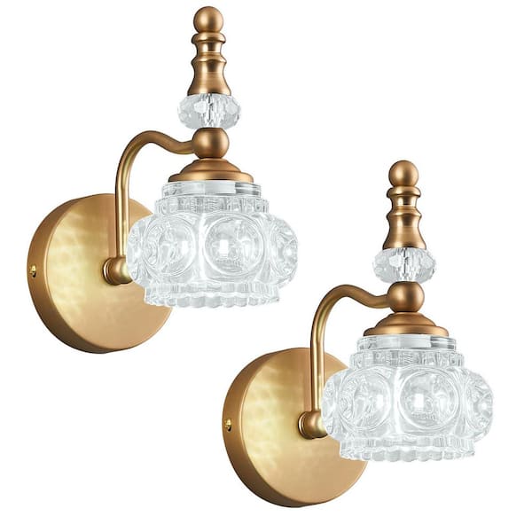 Home Lighting 4.13 in. 1-Light Set of 2 Brass Modern Glass Crystal Vanity Light-Vintage Bathroom Lighting Fixtures