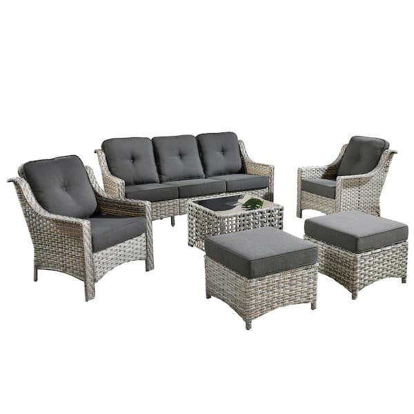Denver 6-Piece Wicker Outdoor Furniture Patio Conversation Sofa Set with a Solar LED Table and Black Cushions