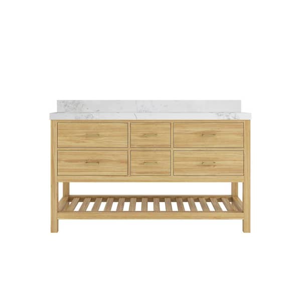 Willow Collections Parker Teak 60 in. Double Sink Freestanding Light Natural Bath Vanity with Calacatta Nuvo Quarts Top Unassembled
