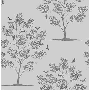 Woodland Grey Trees & Birds Paper Strippable Roll Wallpaper (Covers 56.4 sq. ft.)