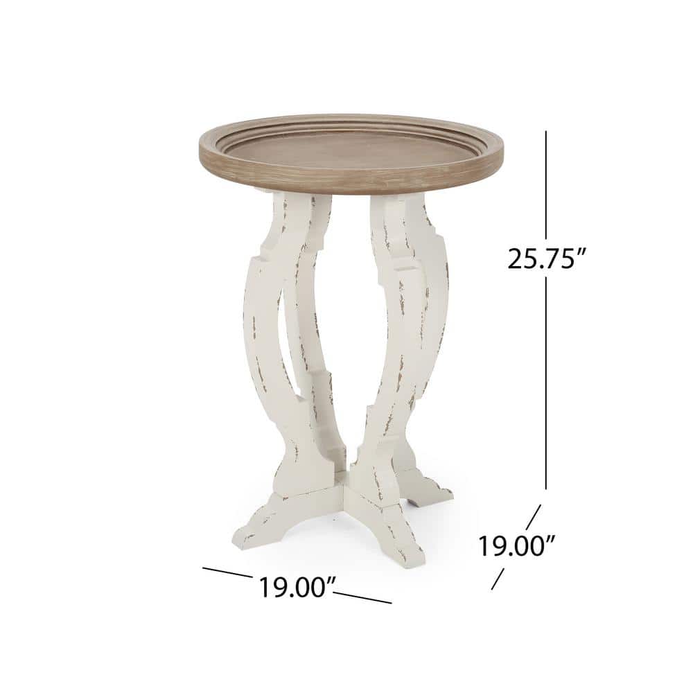 Elegant French Country Round Wood Accent Table in Distressed White
