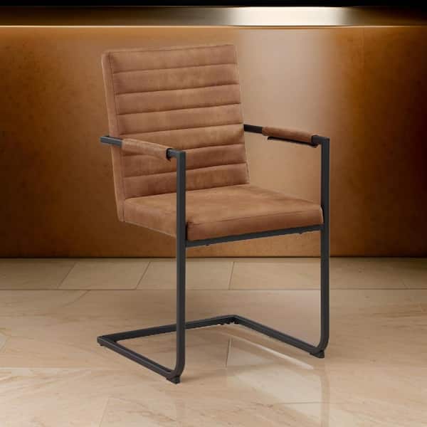 Benjara Brown and Black Vegan Faux Leather Arm Chair with Cantilever Base (Set of 2)