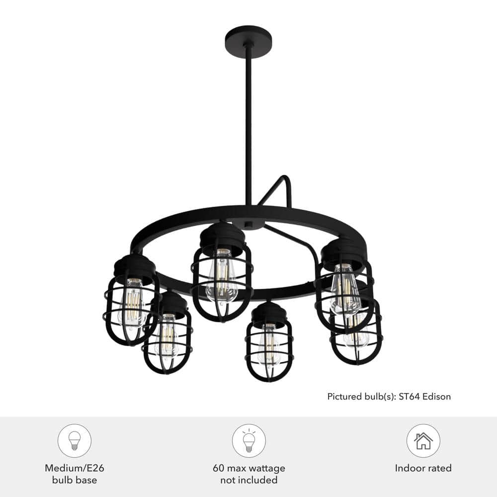Black Industrial Cage 6-Light Wagon Wheel Chandelier