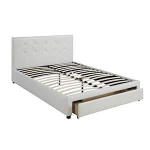White Wooden Frame Queen Platform Bed With Drawer