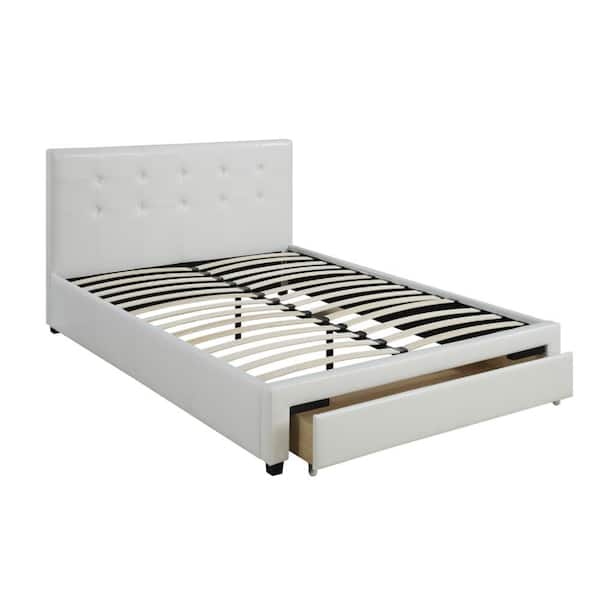 Benjara White Wooden Frame Queen Platform Bed With Drawer
