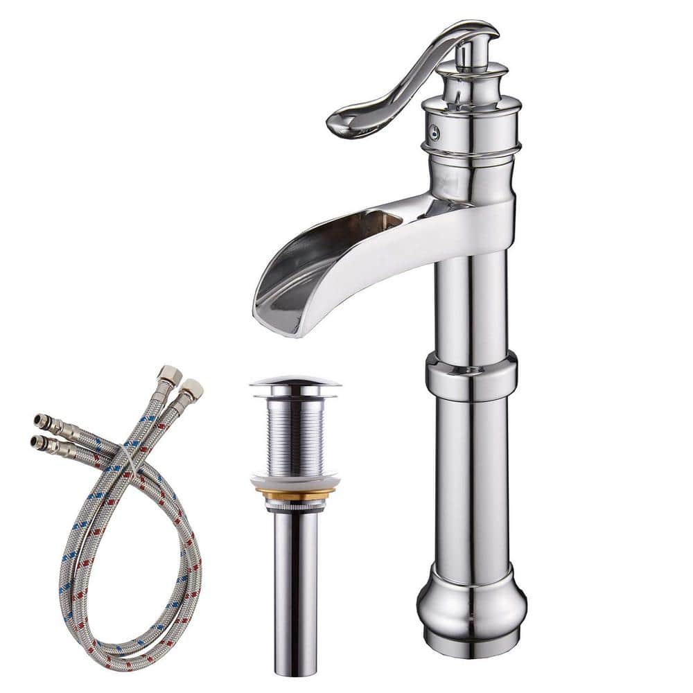 Single Handle Single Hole or 3-Hole Bathroom Faucet Polished Chrome Tall Waterfall Vessel Sink Faucet with Pop-up Drain price history on PriceWatchPro