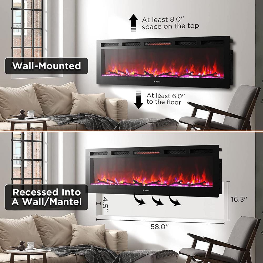 60" Black Tempered Glass Smart WiFi Electric Fireplace