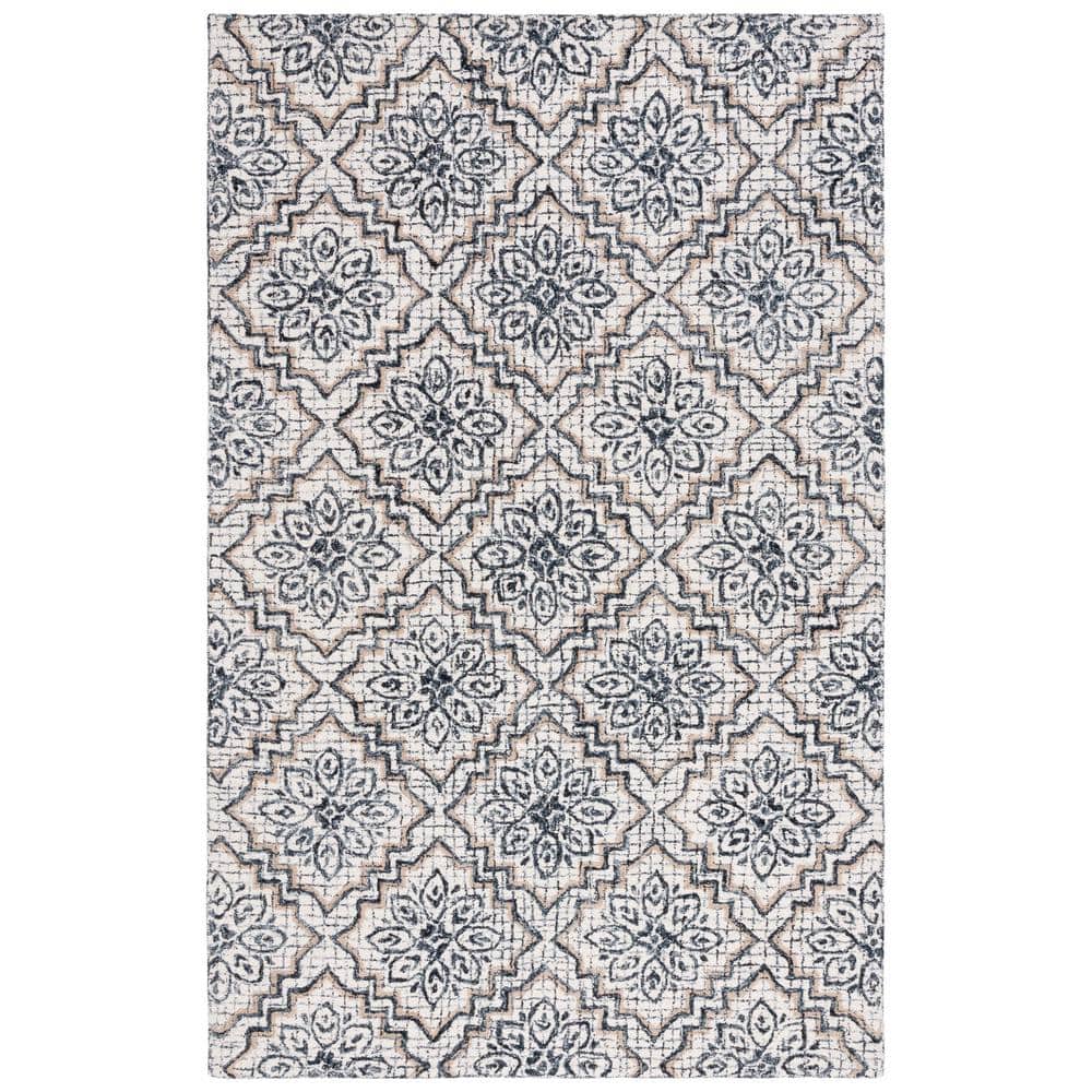 Ivory and Navy Abstract Handmade Wool Area Rug