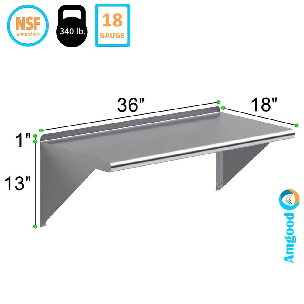 36" x 18" Stainless Steel Wall Mounted Shelf with Brackets