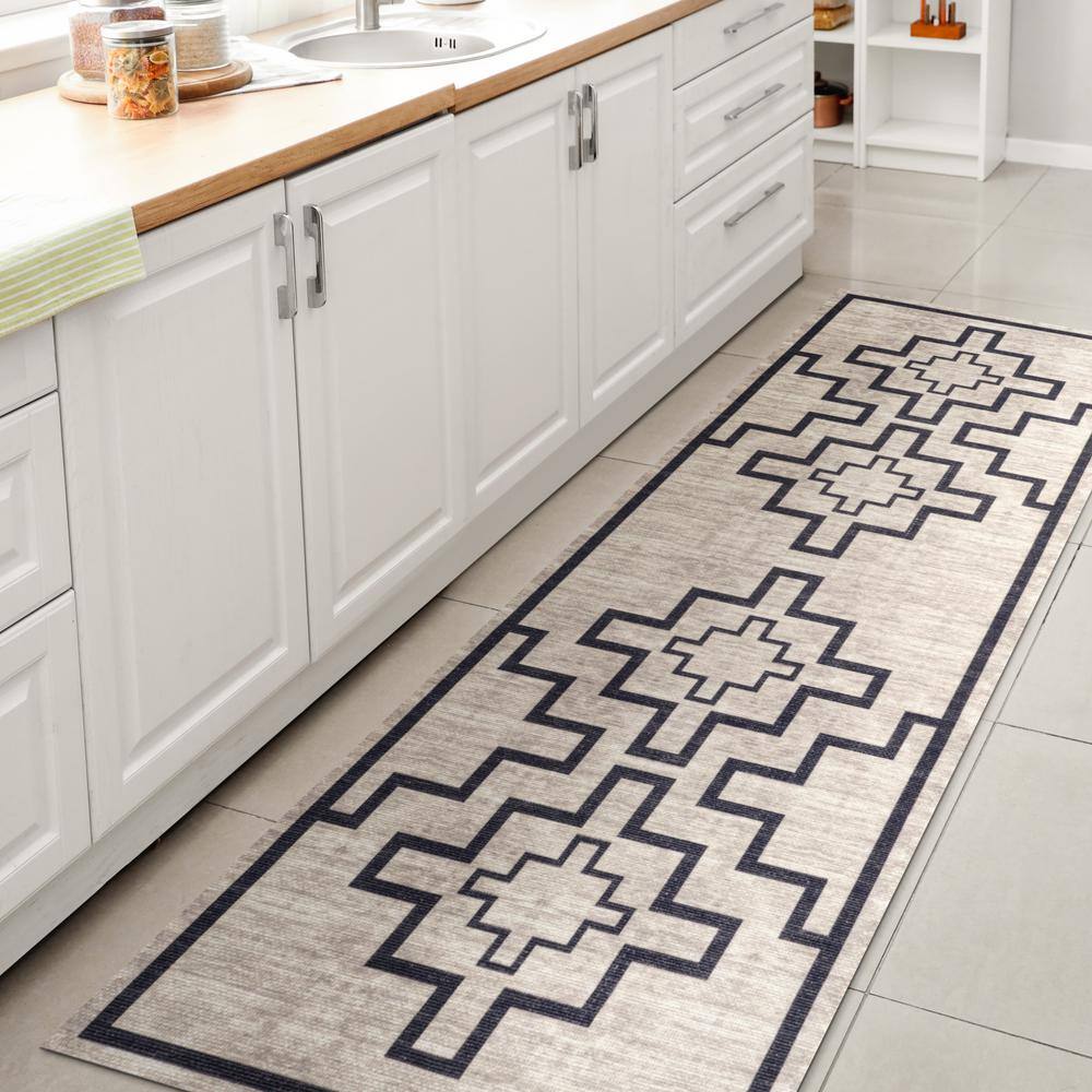 Ivory and Dark Gray Geometric Synthetic 2x8 Runner Rug
