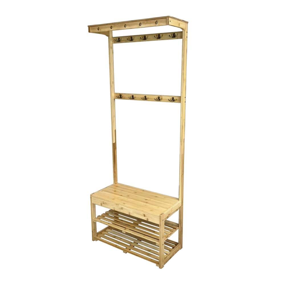 Natural Bamboo Entryway Hall Tree with Storage Bench and Hooks