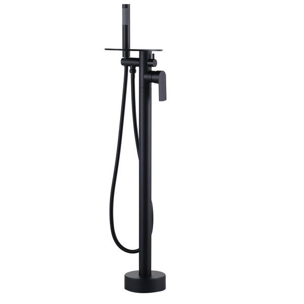 Single-Handle Floor Mount Freestanding Tub Faucet with Hand Shower and Waterfall Spout in Matte Black