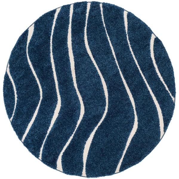 SAFAVIEH Florida Shag Dark Blue/Cream 7 ft. x 7 ft. Round Solid Area Rug