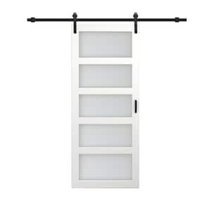 36 in. x 84 in. 5 Lite Ready To Assemble Frosted Glass White MDF Interior Sliding Barn Door with Hardware Kit and Handle