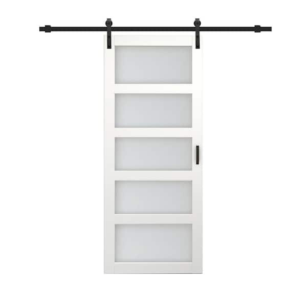 CALHOME 36 in. x 84 in. 5 Lite Ready To Assemble Frosted Glass White MDF Interior Sliding Barn Door with Hardware Kit and Handle