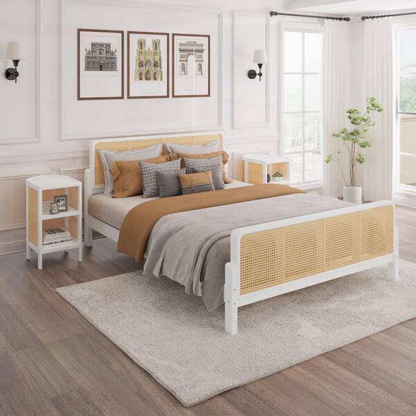 White bed with wood nightstands discount