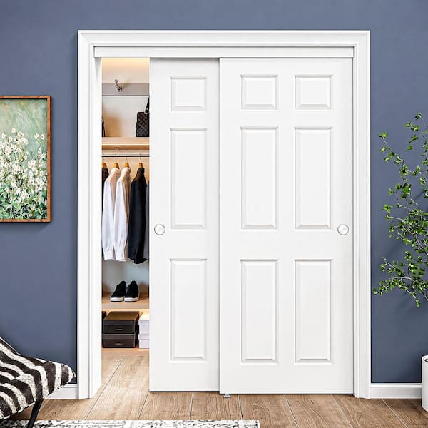 60 in. x 80 in. 6-Panel White Primed MDF Composite Sliding Door with Hardware