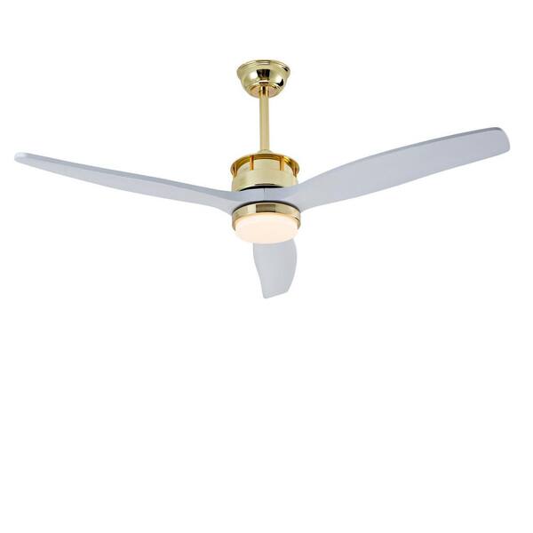 52 in Modern Gold Solid Wood White Standard 2-Size Downrod Mount Ceiling Fan with 3-Color Dimmable LED Light and Remote
