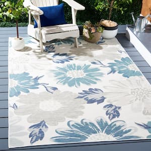 Sunrise Ivory/Blue Gray 7 ft. x 7 ft. Oversized Floral Reversible Indoor/Outdoor Square Area Rug