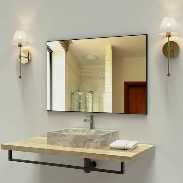 FAMYYT 36 in. W x 24 in. H Rectangular Aluminum Framed Wall Bathroom Vanity Mirror in Black
