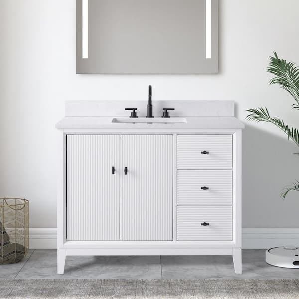 42 in. W x 22 in. D Single Sink Freestanding White Bath Vanity Cabinet with White Engineered Marble Top