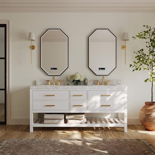 Ancerre Designs Elizabeth 72 in. W x 22 in. D Vanity in White with Marble Vanity Top in Carrara White with White Basins