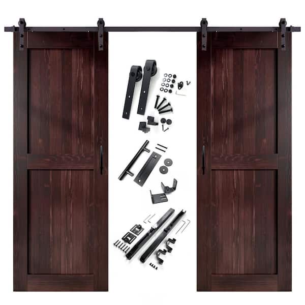 HOMACER 42 in. x 96 in. H-Frame Red Mahogany Double Pine Wood Interior Sliding Barn Door with Hardware Kit, Non-Bypass