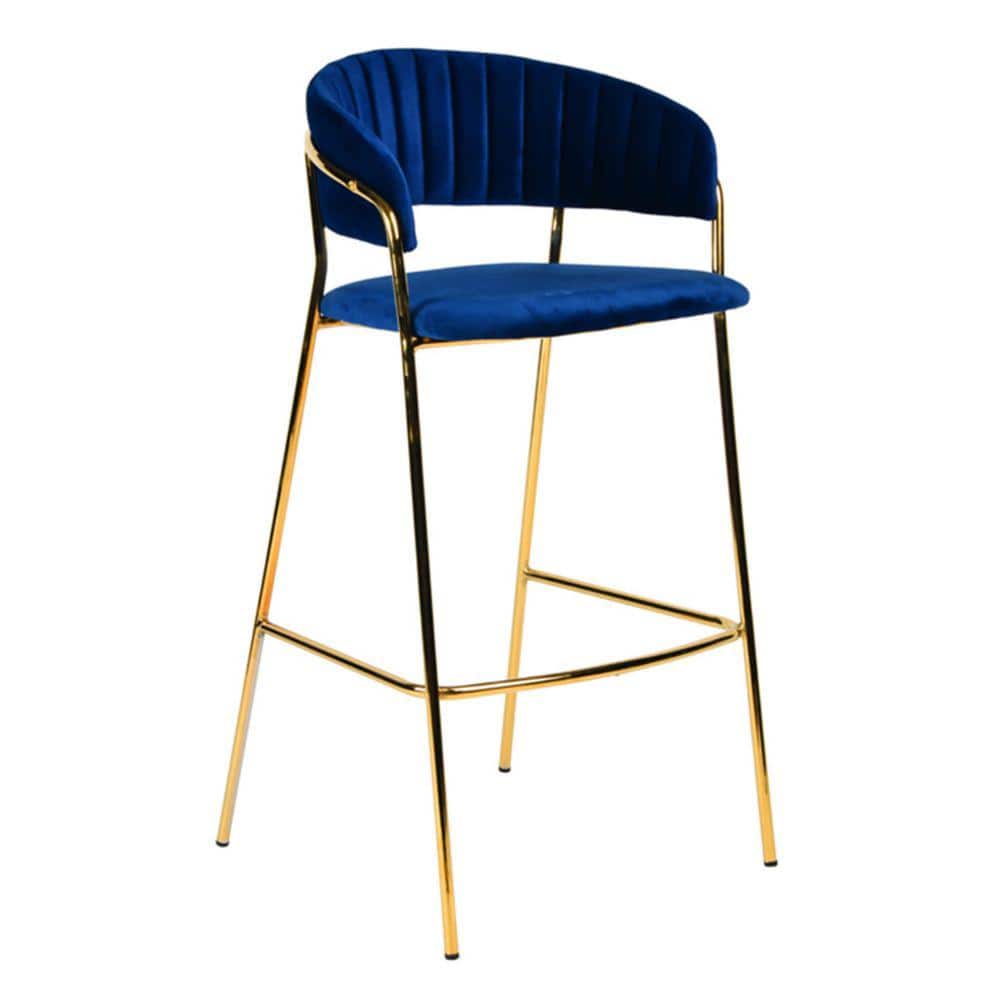 Benjara 35 in. Blue and Gold Low Back Metal Frame Bar Stool with Polyester Seat BM301710 The