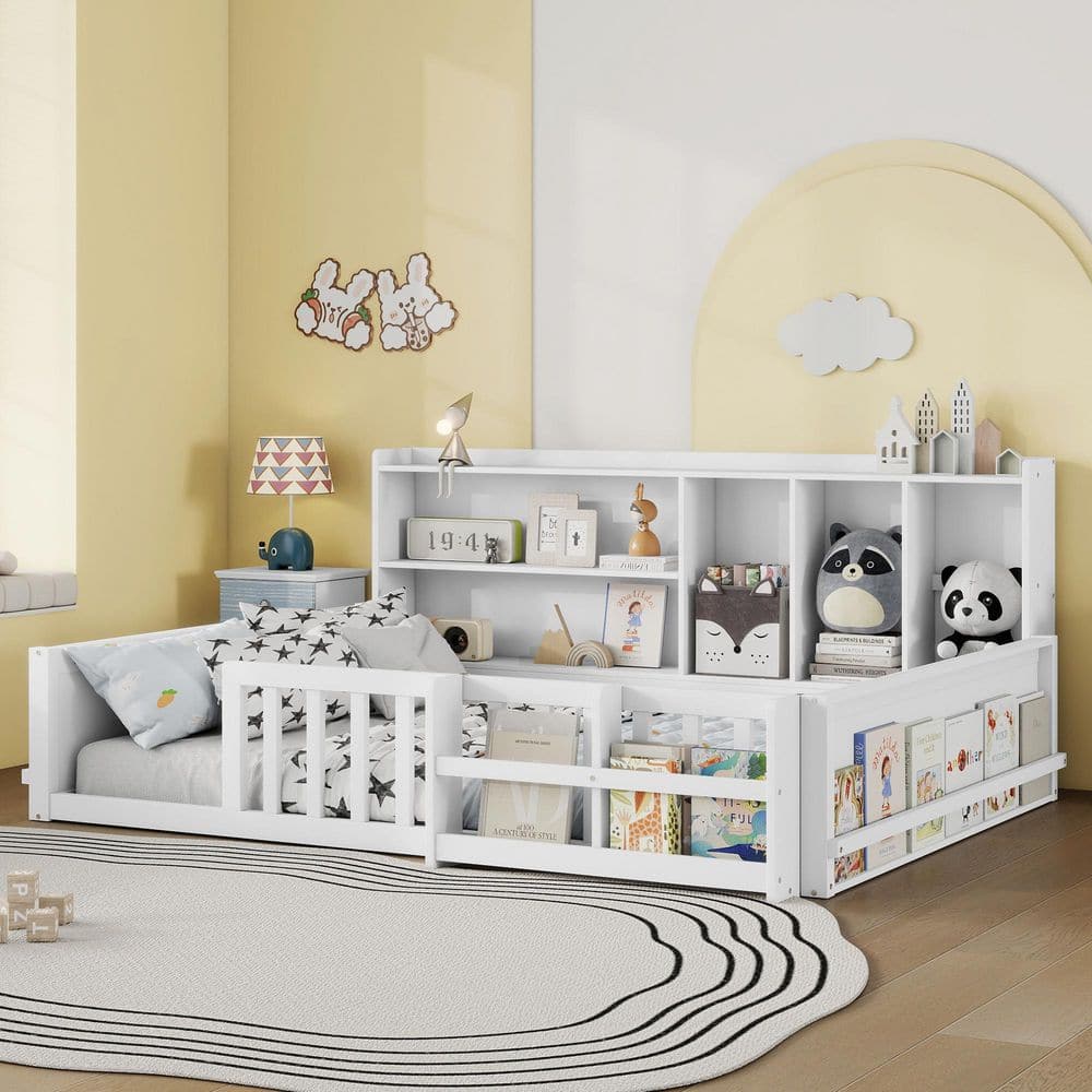 Modern Floor Bed White Wood Frame Full Kids Platform Bed with Storage Shelves and Guardrail Fence