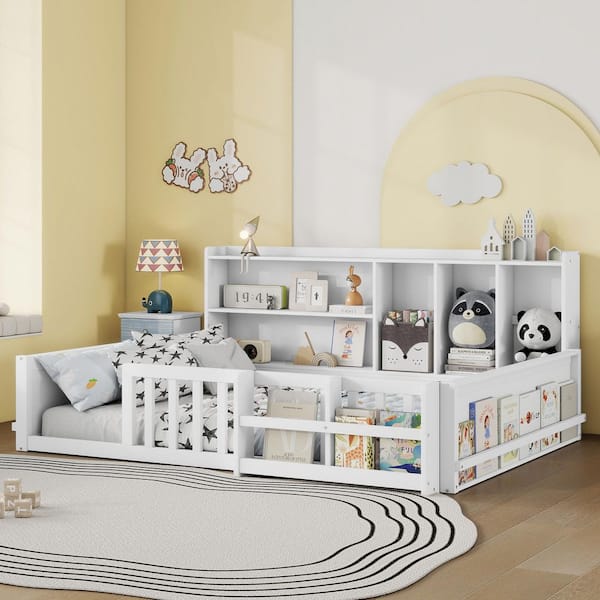 Modern Floor Bed White Wood Frame Full Kids Platform Bed with Storage Shelves and Guardrail Fence