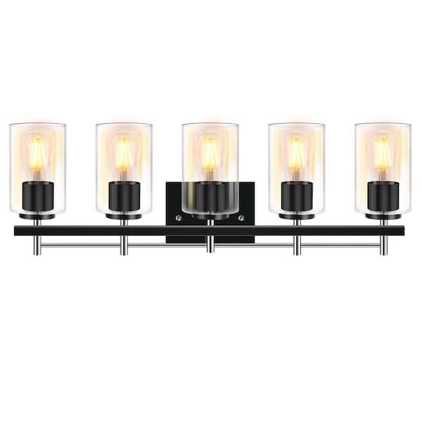 30.5 in. 5-Light Matte Black & Brushed Nickel Modern Vanity Light with Clear Glass Shade
