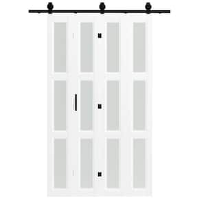 48in x 84in Frosted Glass, White MDF, 3 Lite, Multi-fold Accordion Style Design Sliding Barn Door with Hardware Kit
