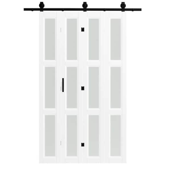 TENONER 48in x 84in Frosted Glass, White MDF, 3 Lite, Multi-fold Accordion Style Design Sliding Barn Door with Hardware Kit