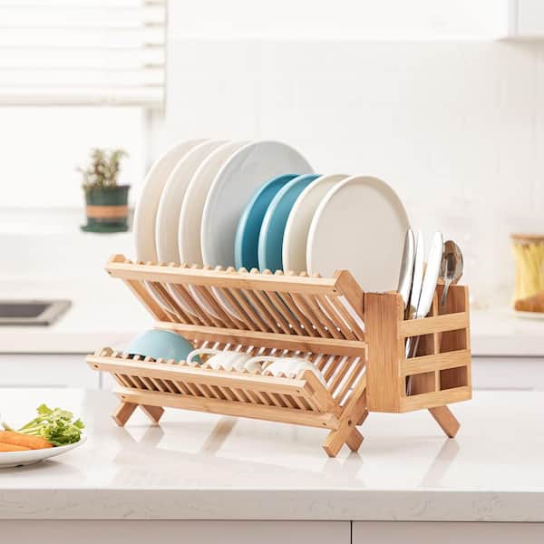 Natural Bamboo Folding 2-Tier Dish Rack with Utensil Holder, Collapsible Drainer Drying Rack for Kitchen