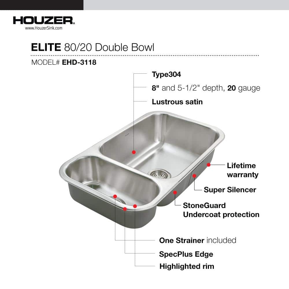 Elite 33'' Stainless Steel Undermount Double Bowl Kitchen Sink