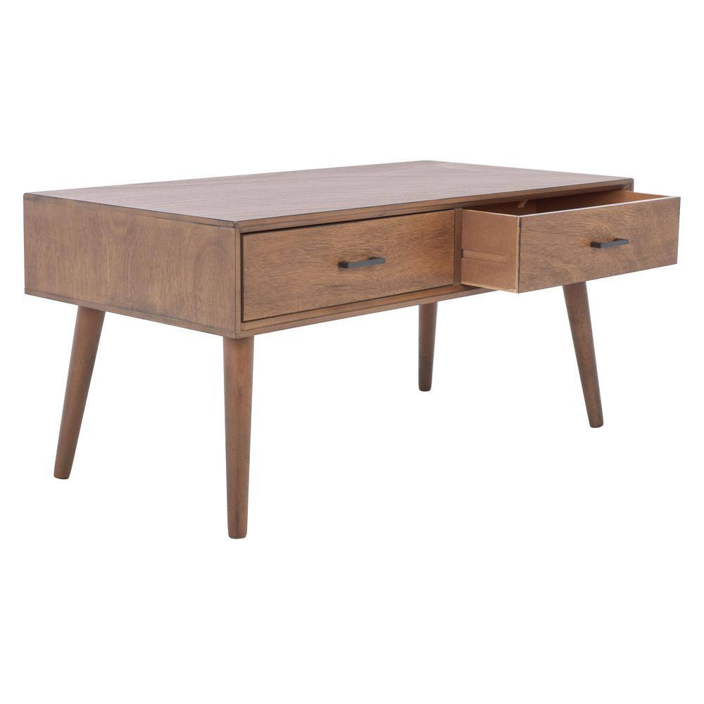 Belgian Farmhouse Mid-Century Chic Brown Wood Coffee Table with Storage