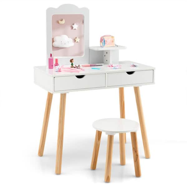 Costway Kid Vanity Table Chair Set with Mirror Large Storage Drawers Wooden Legs White