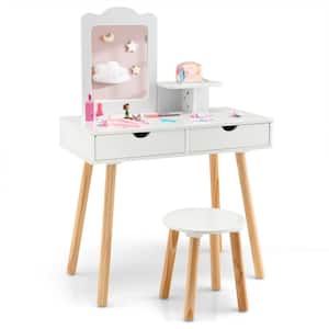 Kid Vanity Table Chair Set with Mirror Large Storage Drawers Wooden Legs White