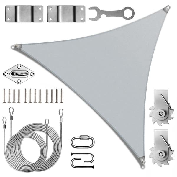 Super Ring 30 ft. x 30 ft. x 30 ft. Triangle Sun Shade Sail with Winch Kit-Grey