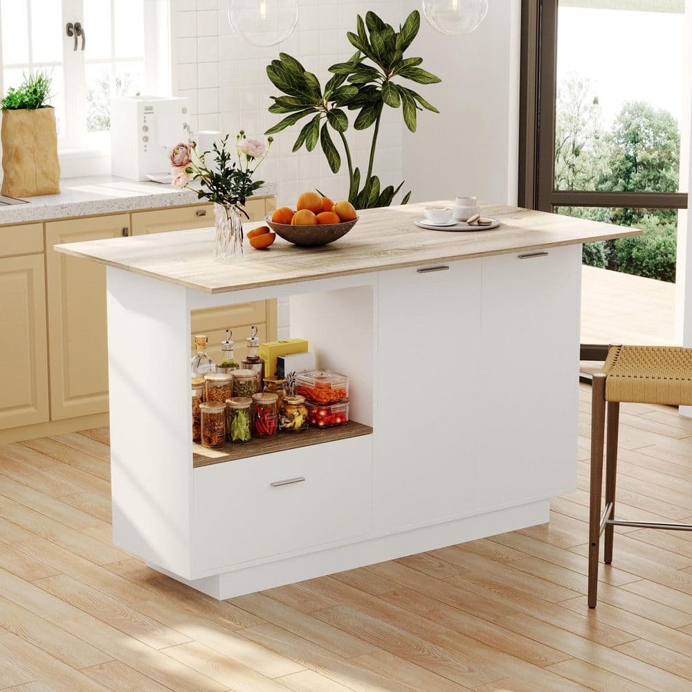 FUFU&GAGA White and Oak Wood 59.1 in. Kitchen Island with Drawers