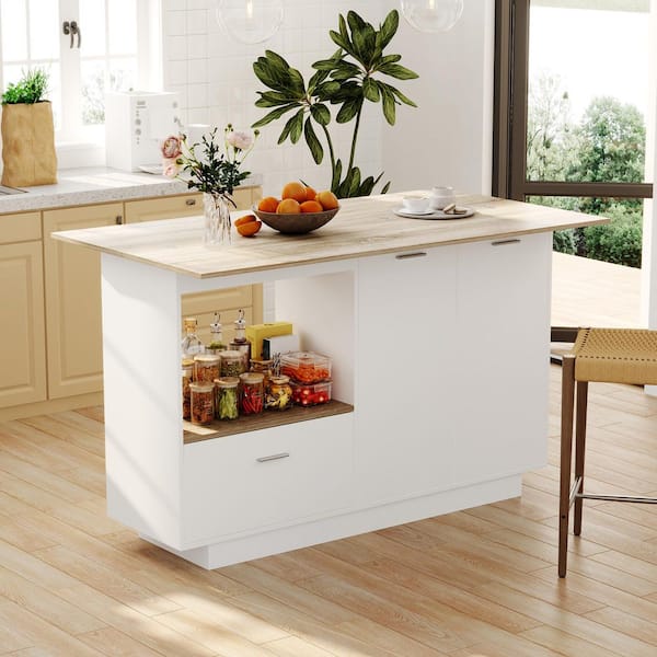 FUFU&GAGA White and Oak Wood 59.1 in. Kitchen Island with Drawers