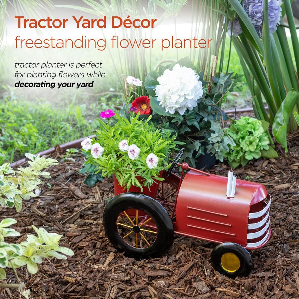 Red Metal Tractor Planter with Stand for Indoor/Outdoor Use