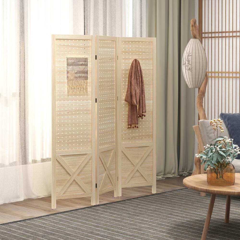 Natural Wood Folding 3-Panel Room Divider with Pegboard Display