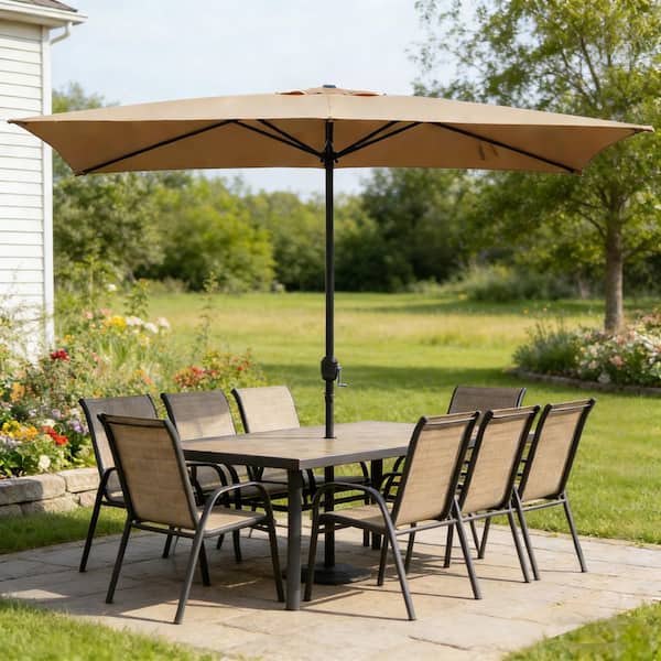 10 ft. x 6.5 ft. Steel Crank Rectangle Market Patio Umbrella in Tan