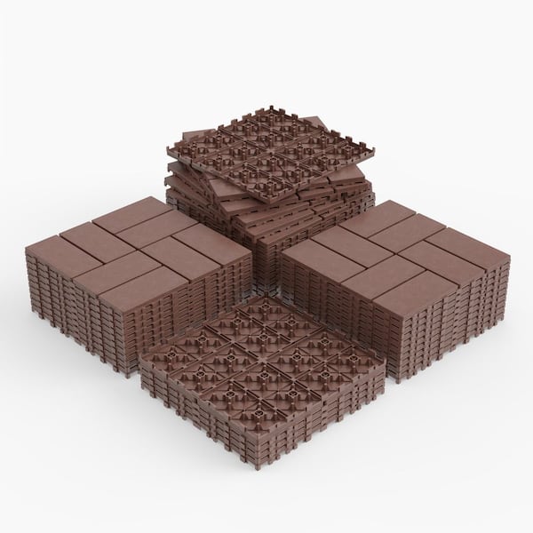 12 in. x 12 in. Plastic Interlocking Deck Tiles, Waterproof 8-slat Flooring Tile in Brown(44-Pack)